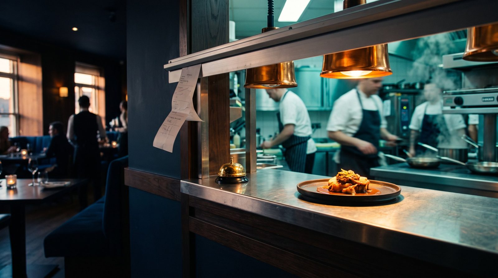 A restaurant pass between a dining room and a kitchen, with an order slip on the rail and a plated dish under a heat lamp