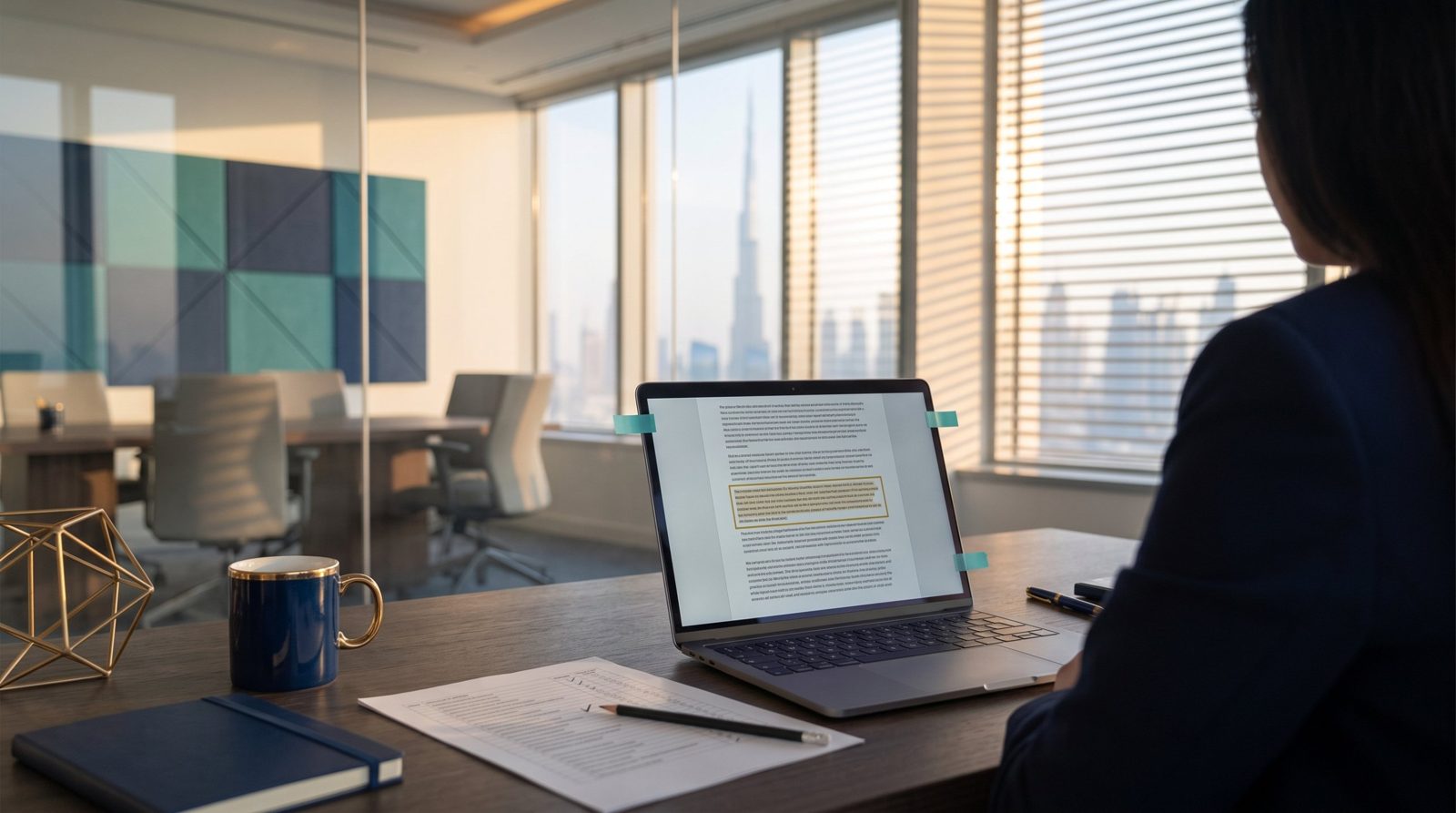 An analyst reading a long documentation page on a laptop, with sections marked by teal tabs and one block boxed in gold