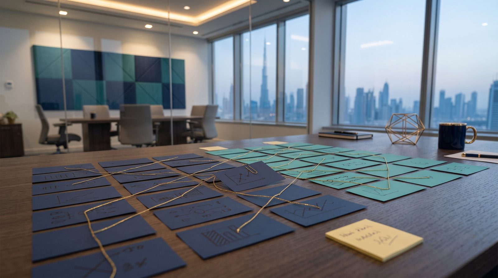 Two grids of navy and teal index cards connected by gold string, like a field mapping