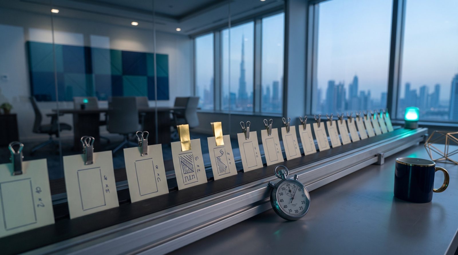 A line of identical tickets on a rail with two duplicates flagged in gold and a stopwatch beside it