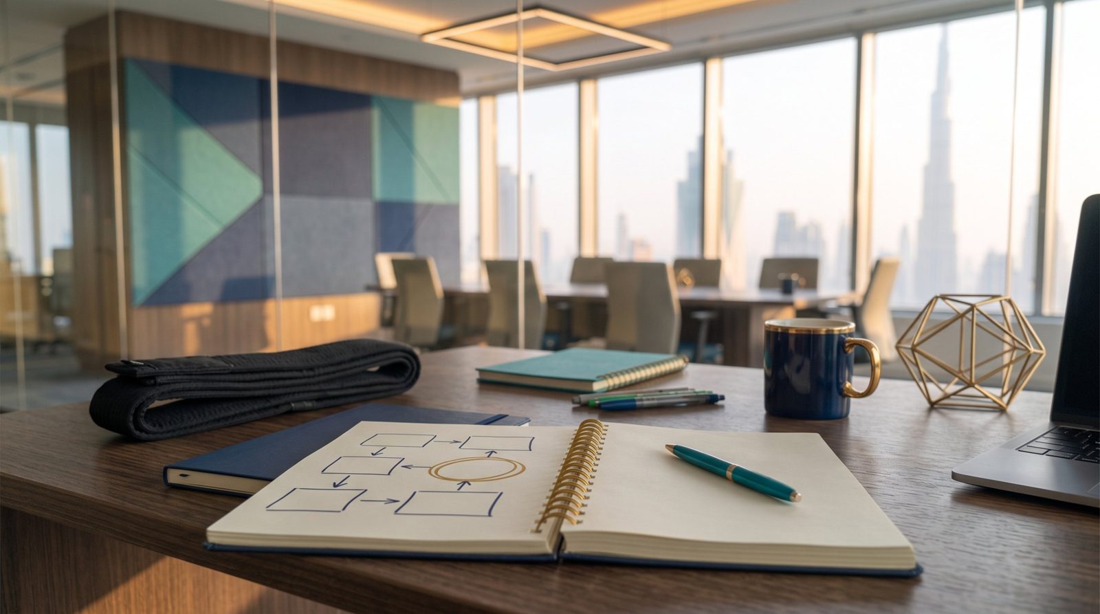 A black belt set aside on a desk beside a notebook with a hand-drawn five-box flow