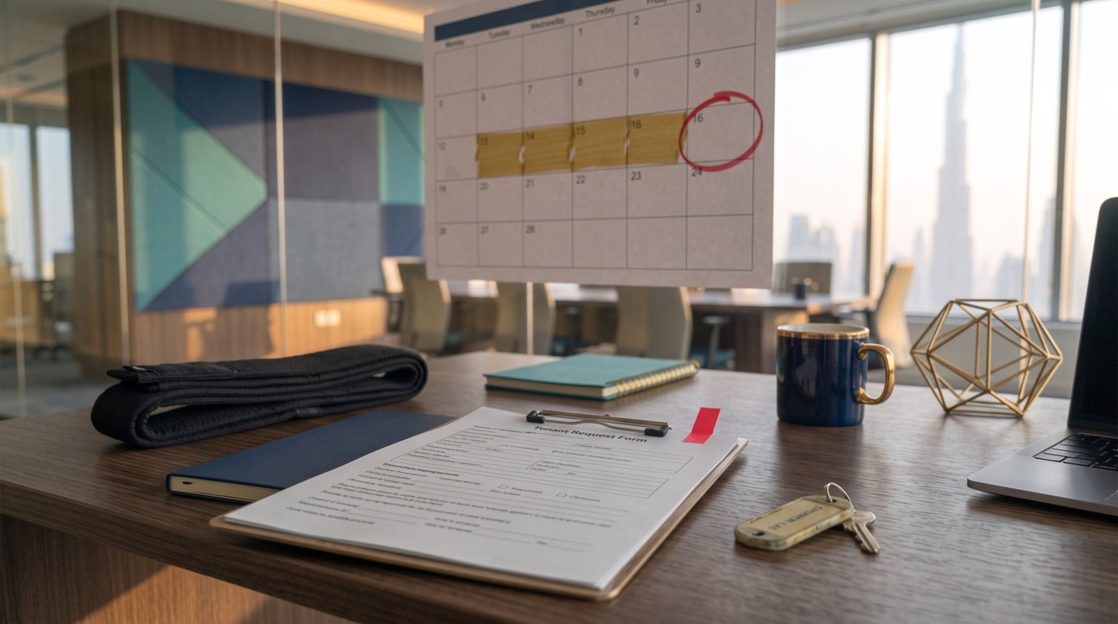A tenant request form on a clipboard in front of a calendar with five working days highlighted and the sixth circled