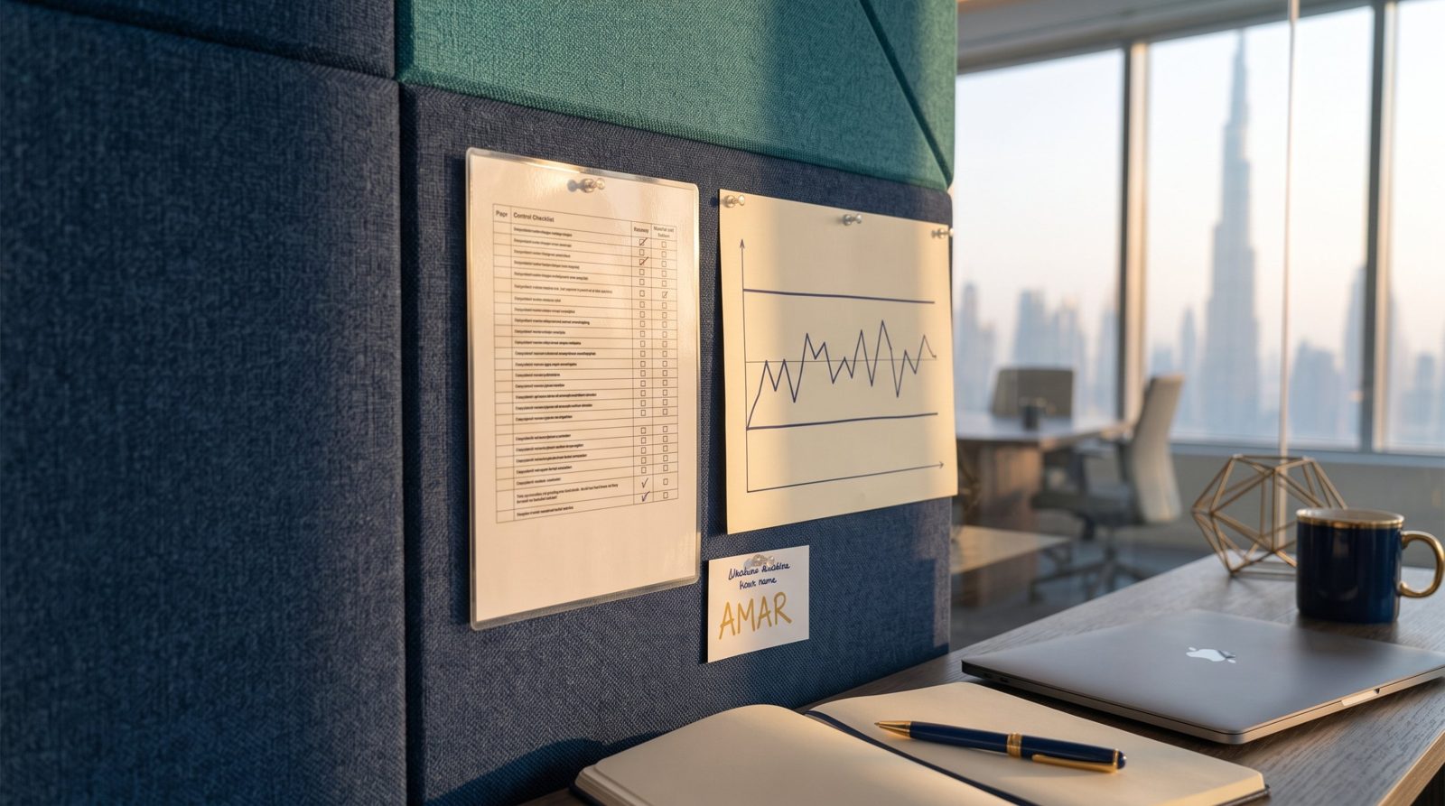 A control checklist and a steady run chart pinned to an office wall with an owner's name card