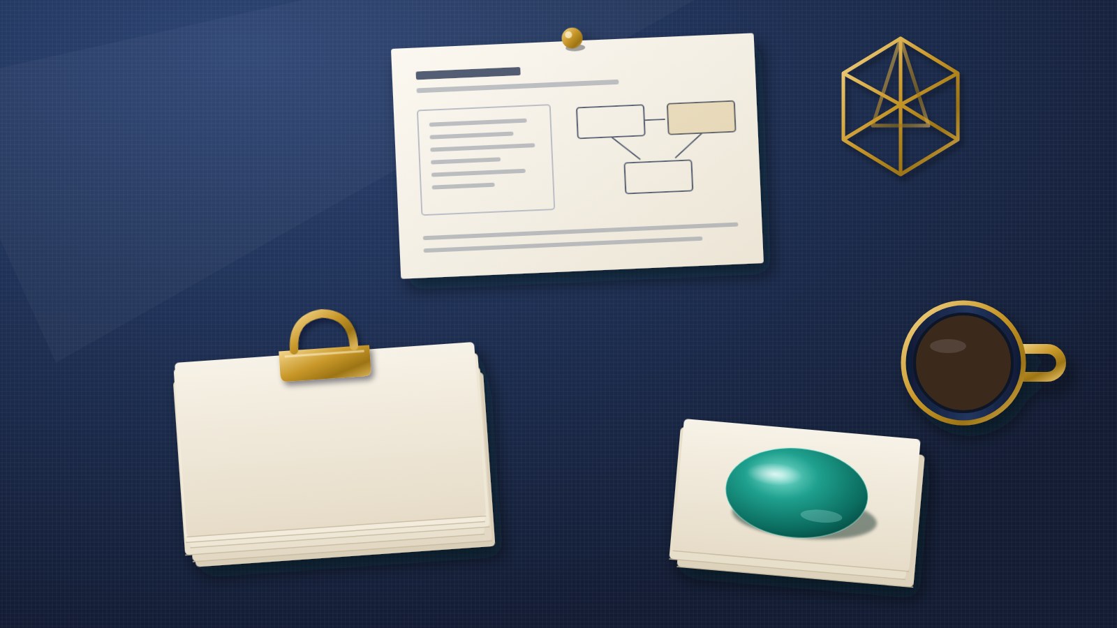 Illustration of index cards sorted into two piles, one under a gold clip and one under a teal glass paperweight, below a pinned sample document