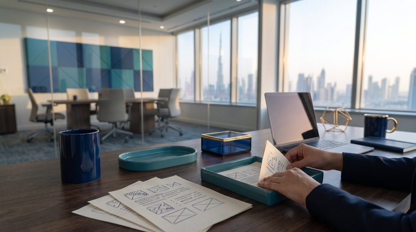 Containers of different shapes on a desk, with a sheet of paper being folded to fit a teal tray