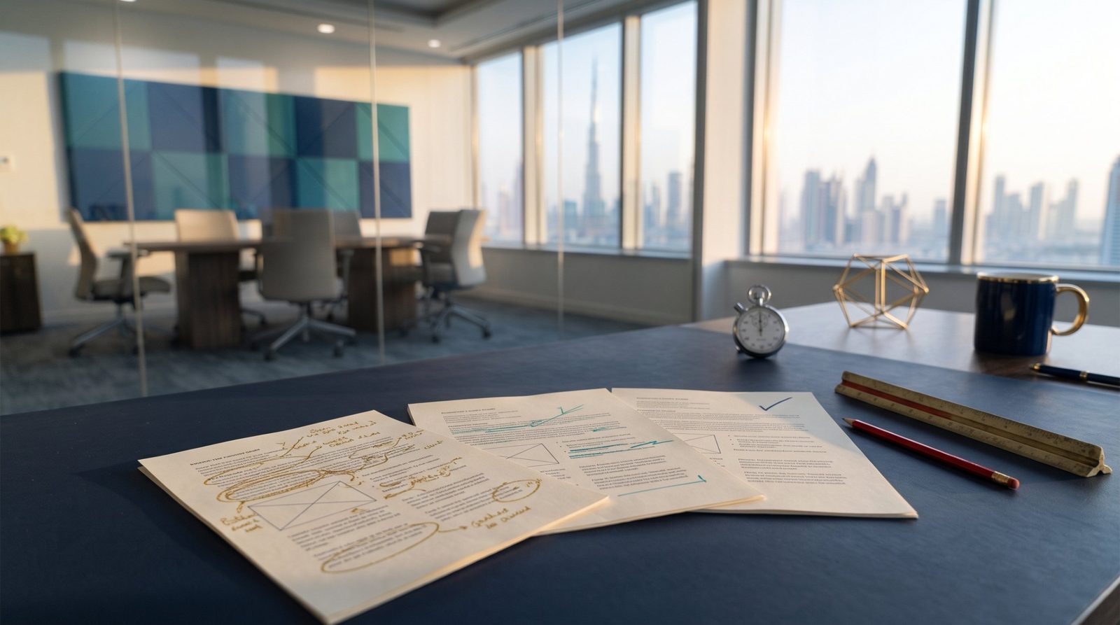 Three drafts of the same page fanned across a desk, heavily marked, lightly marked and clean with a tick
