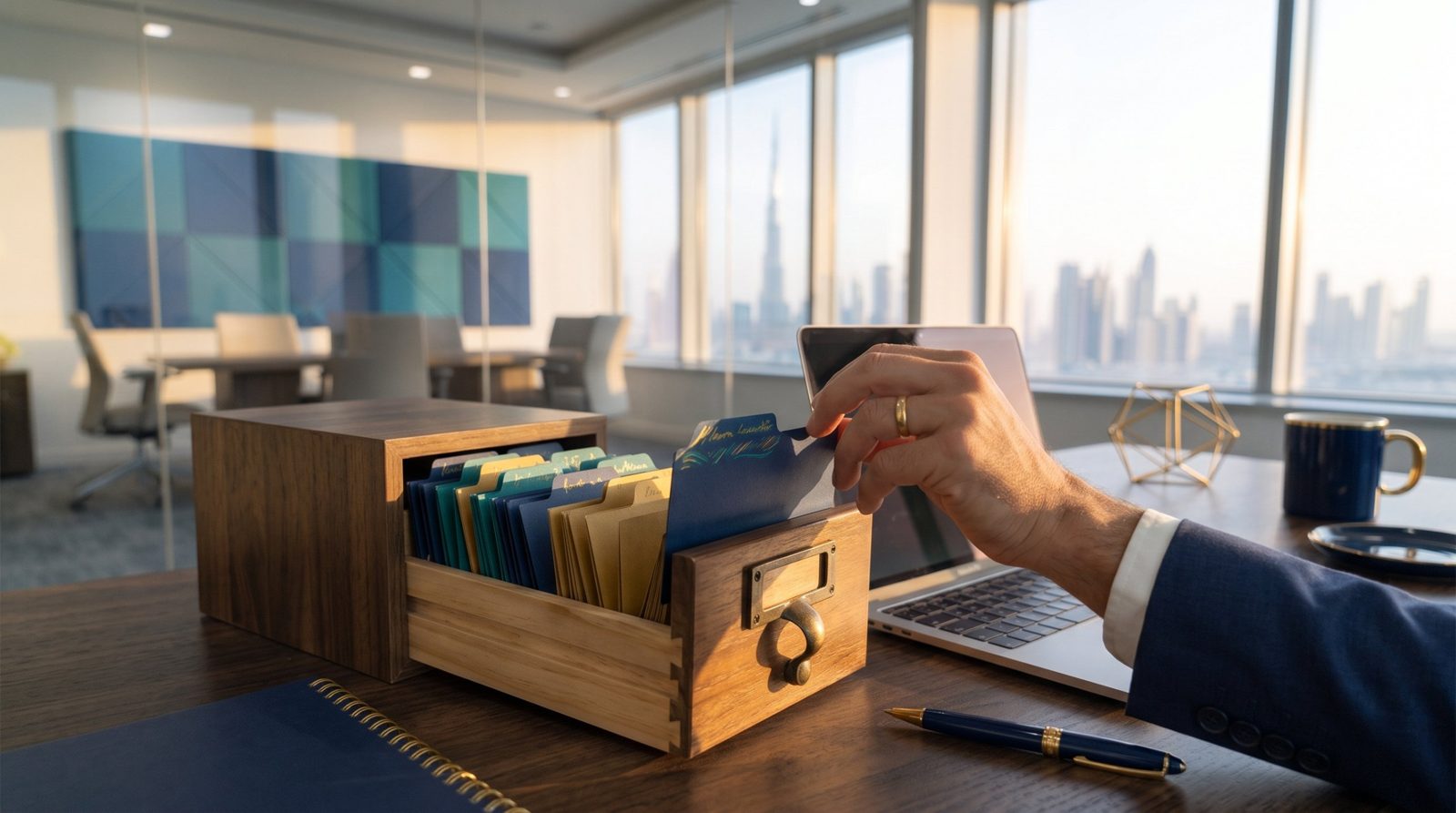 A hand lifting a tabbed card from a wooden card catalogue drawer beside a laptop