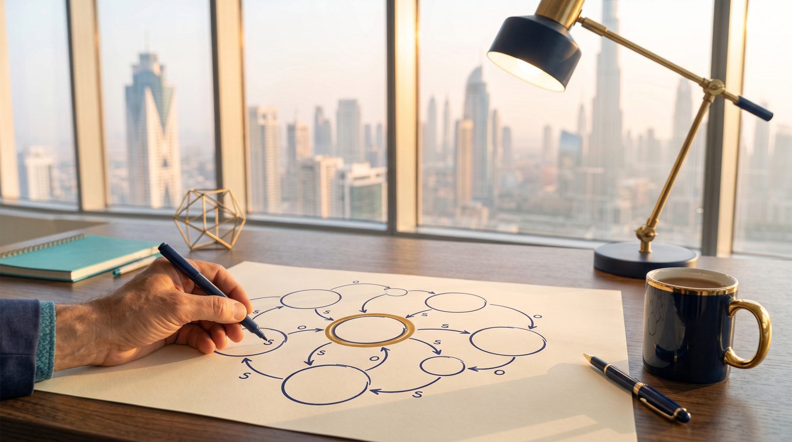 A hand drawing a causal loop diagram on paper